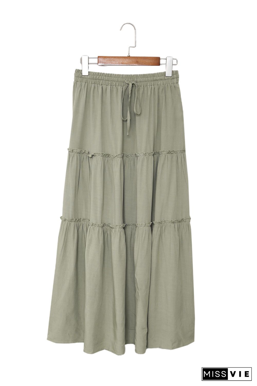 Green Solid Layered Ruffled Drawstring High Waist Maxi Skirt