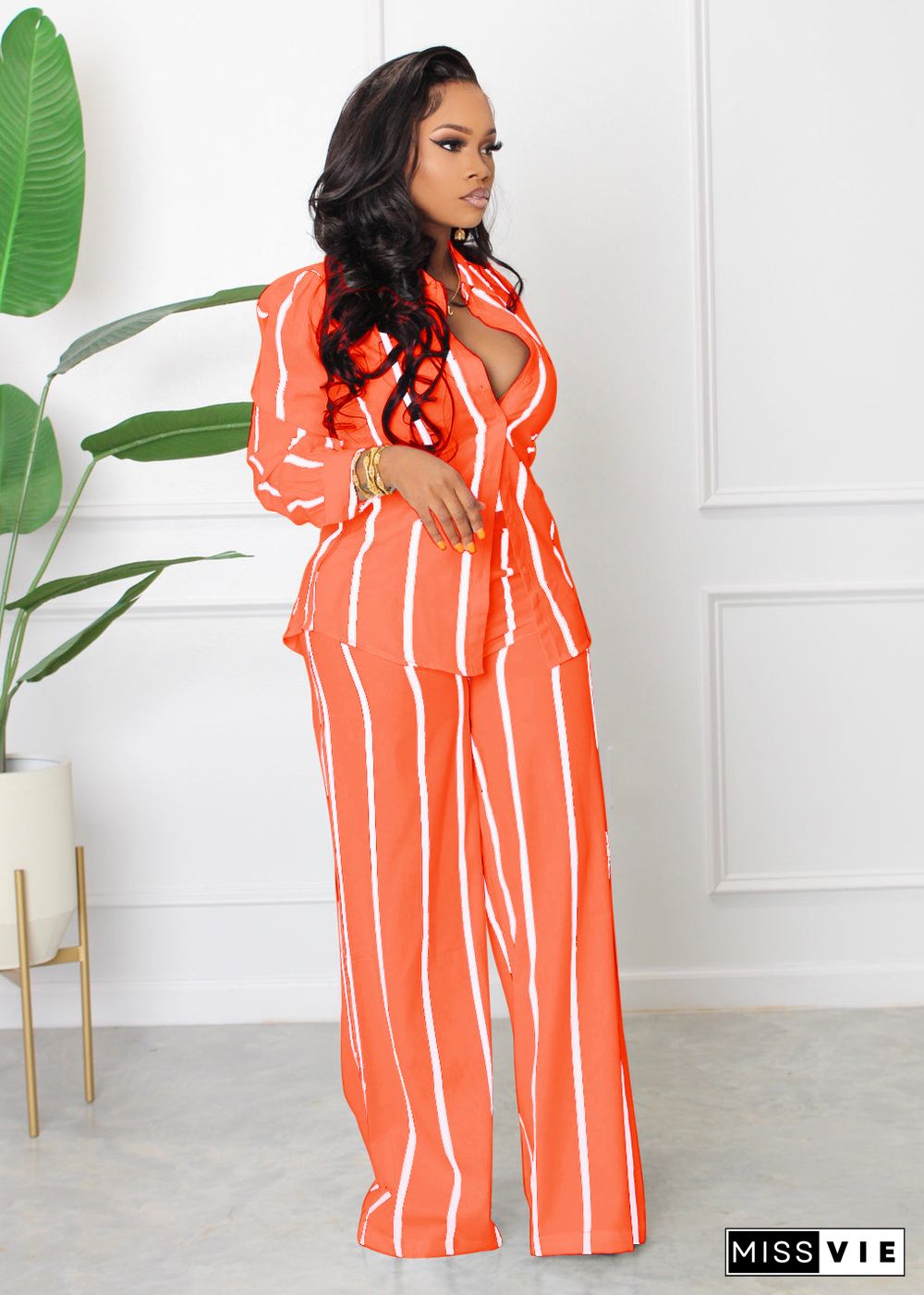 Striped Print Shirt and Wide Leg Pants 2 Piece Set