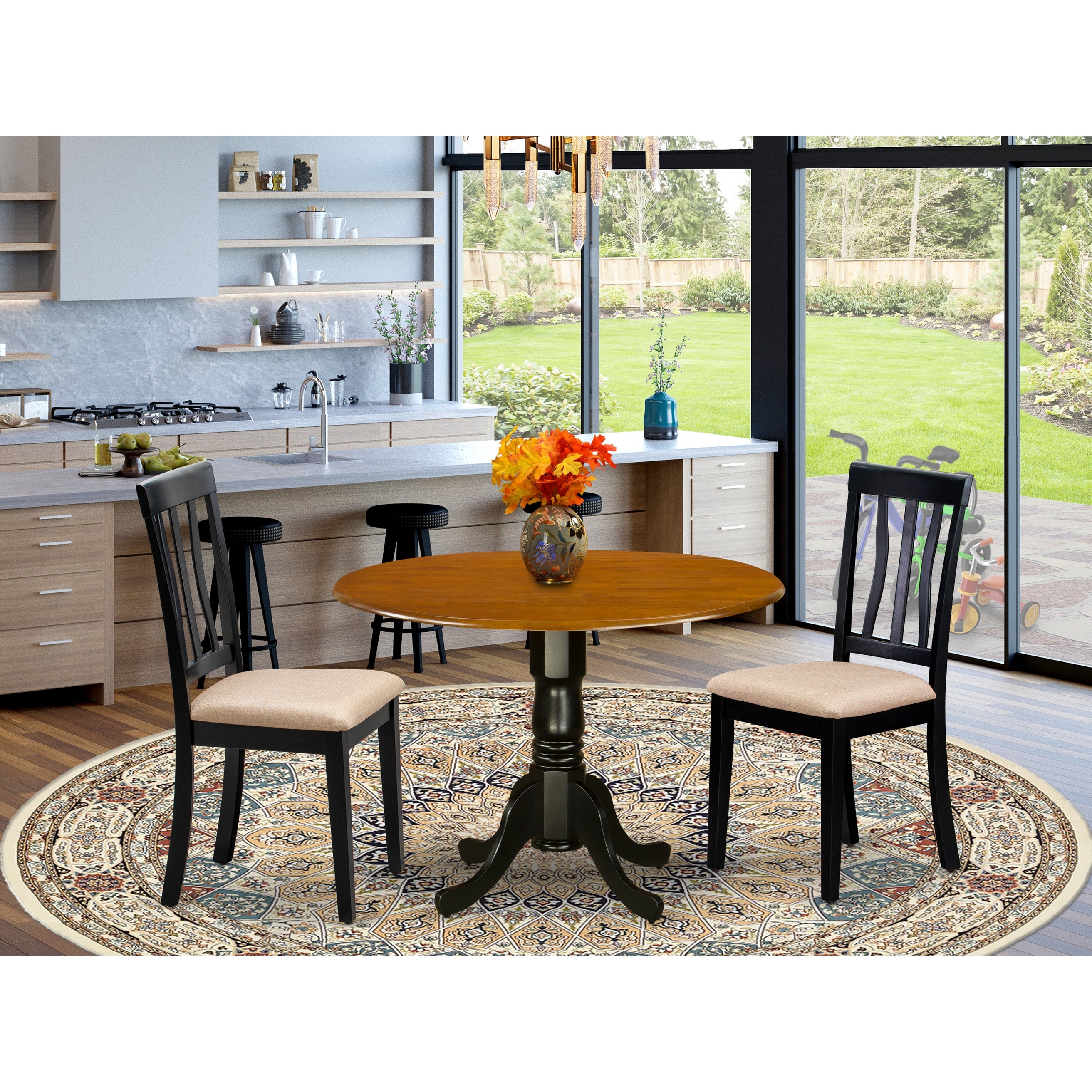 3-piece Dining Set Contains Round Table and 2 Dining Chairs in Black and Cherry Finish (Chairs Seat Options)