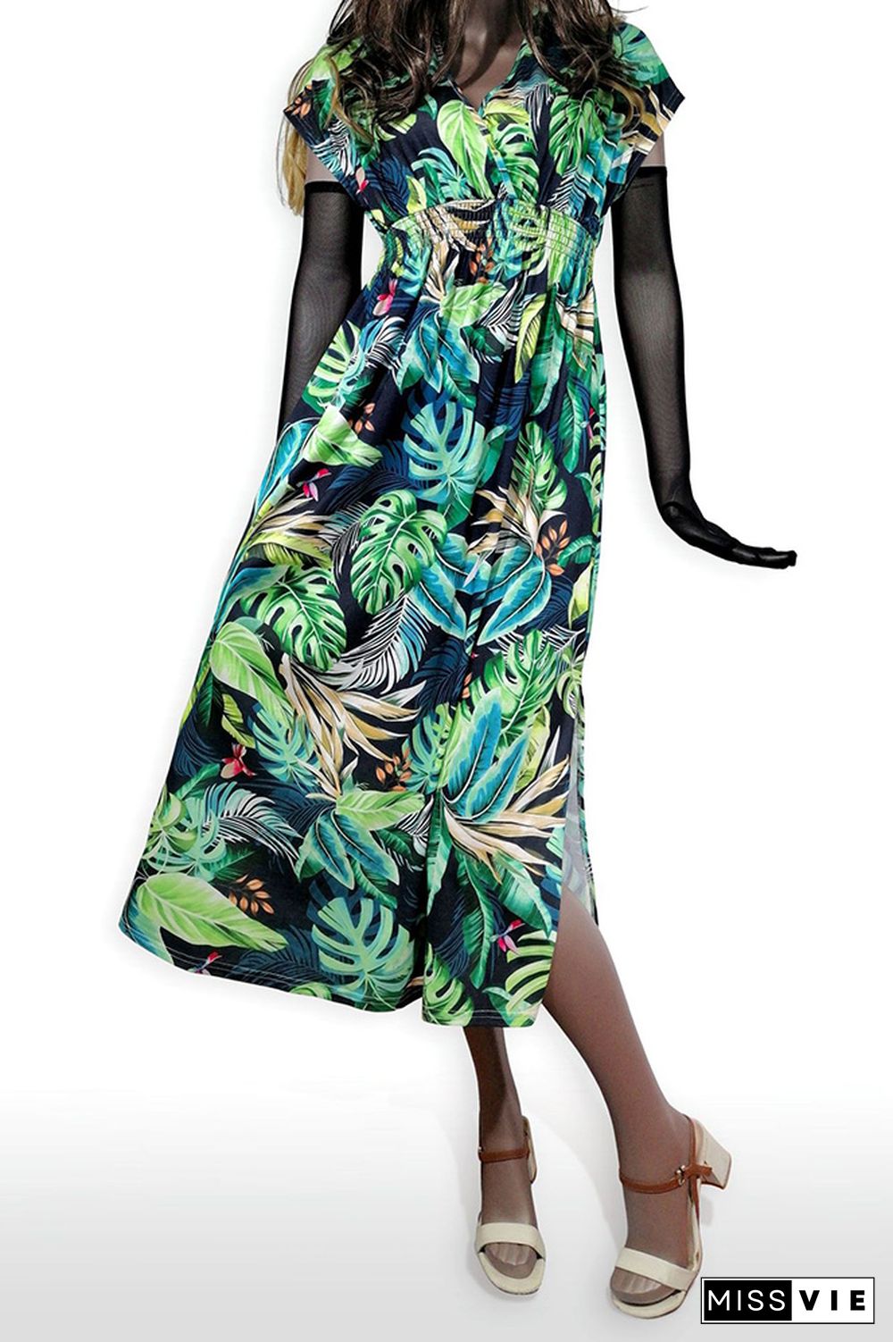 Printed V Neck Smocked Waist Maxi Dress