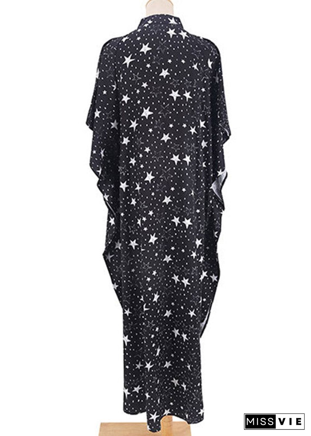 Italian Black Star Print Button Vacation Long Dresses Short Sleeve