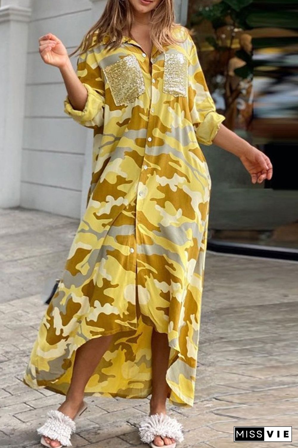 Camouflage Long Sleeve Maxi Shirt Dress