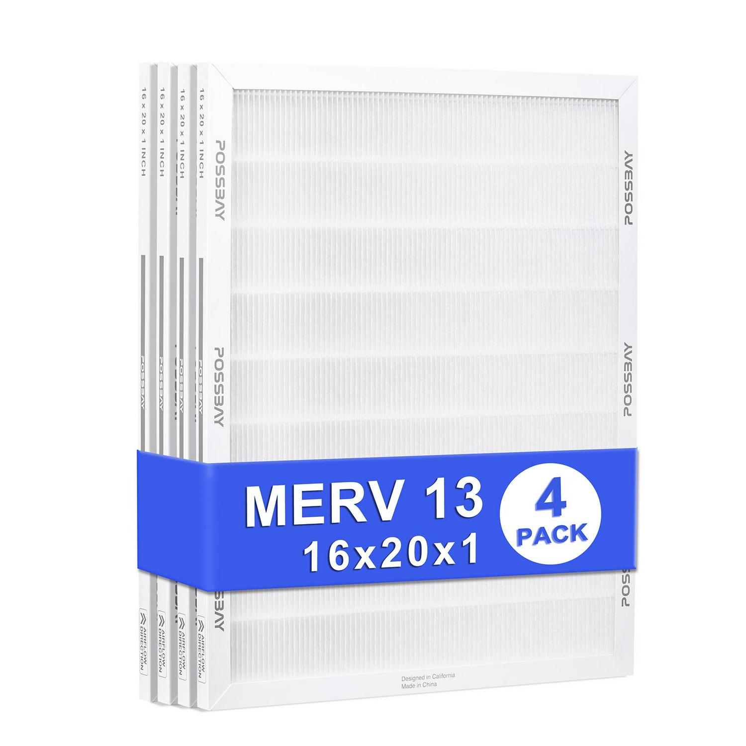 Possbay 16x20x1 MERV 13 Air Filter，4 Pack For AC Furnace Pleated Replacement HVAC System Reduce Dust