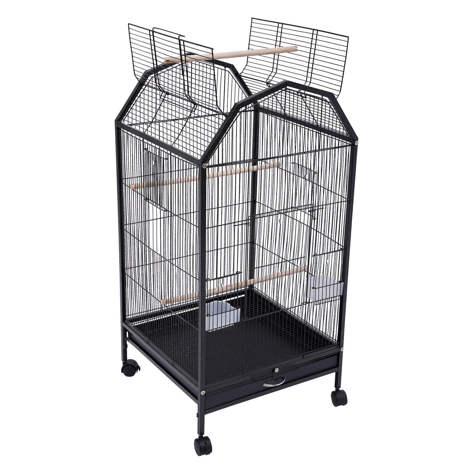 Miumaeov Black Iron Parakeet Bird Cage with Stand Metal Panorama Pet Bird Flight Cages with Wheels Feeding Cups and Standing Poles