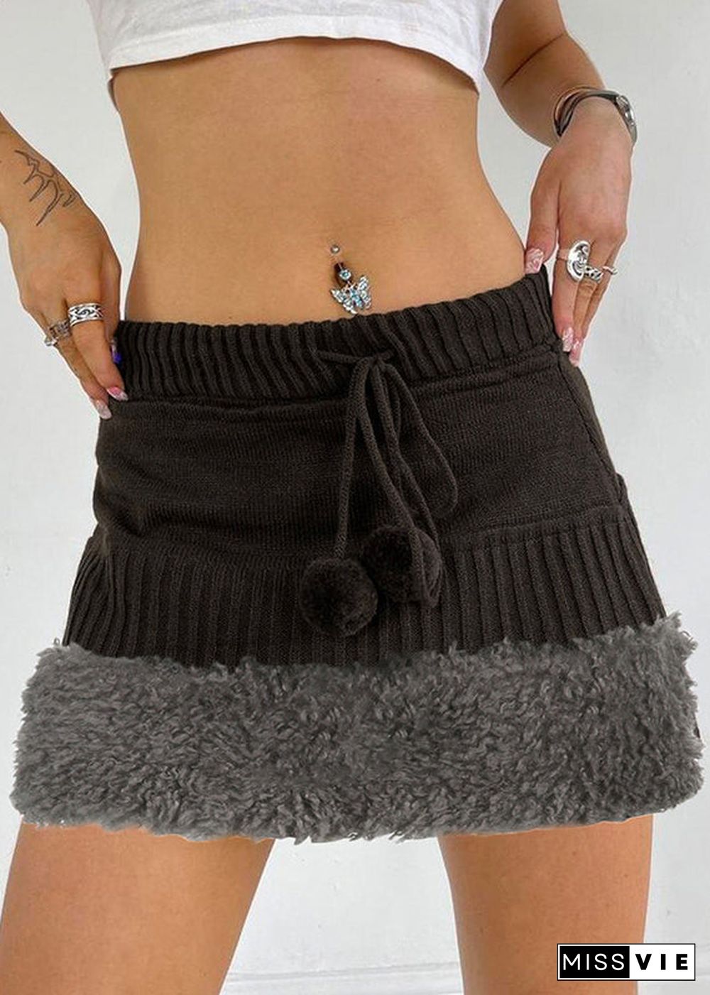 Women Brown Fluffy Elastic Waist Patchwork Knit Skirts Fall