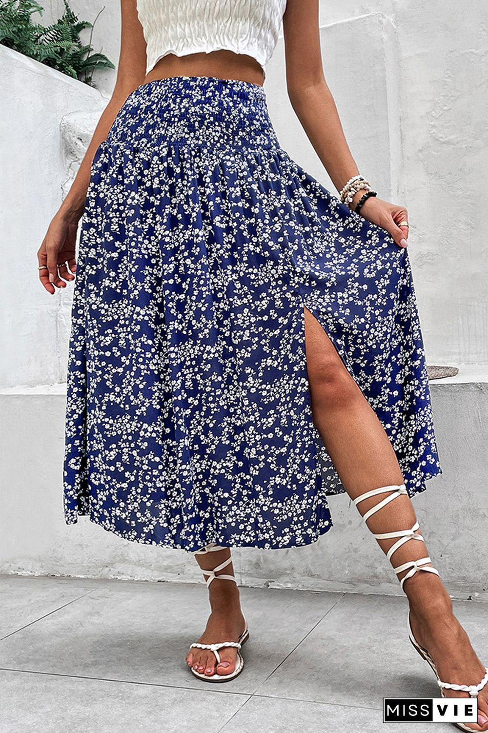 Navy Floral Smocked Waist Side Split Maxi Skirt