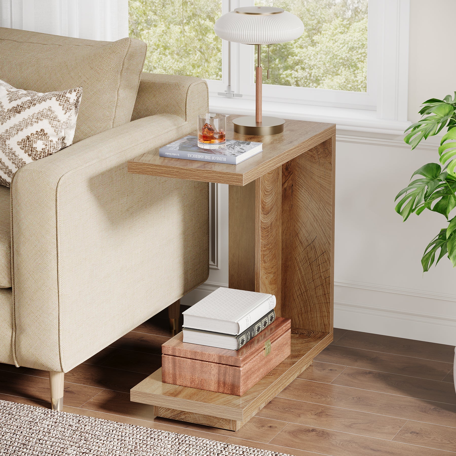 C-Shaped End Table, Wood Side Table Nightstand Bedside Table