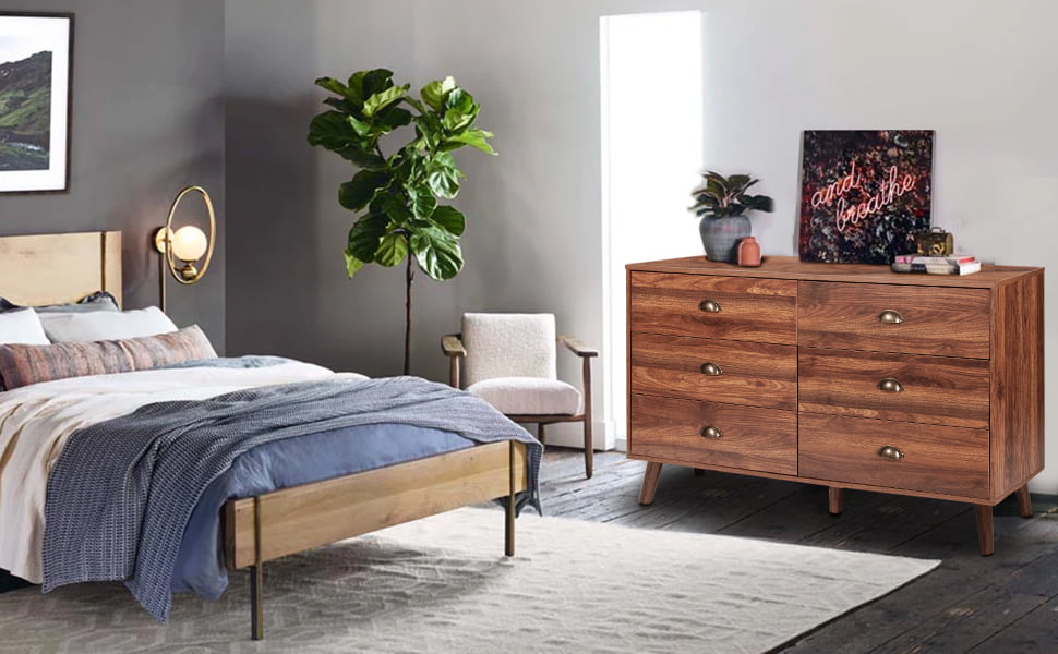 Wood Dresser for Bedroom with 6 Drawers, Mid Century Modern Chests of Drawer with Metal Handles, Walnut