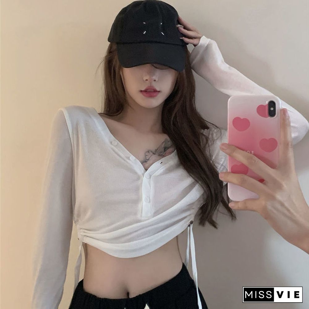 Sets Women 2 Pieces Cropped V-Neck Long Sleeve Tops Wide Leg Drawstring Pants Casual Fashion Streetwear Ulzzang All-Match Soft