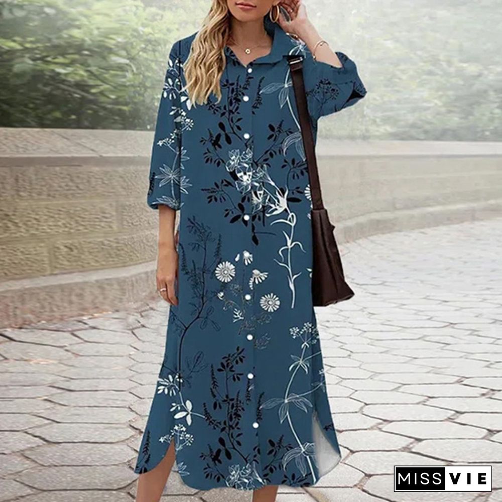 Autumn Women Harajuku Print Shirt Dress Casual Single-Breasted Loose Maxi Dress Vintage Long Sleeve Street Shirts Dress Vestidos