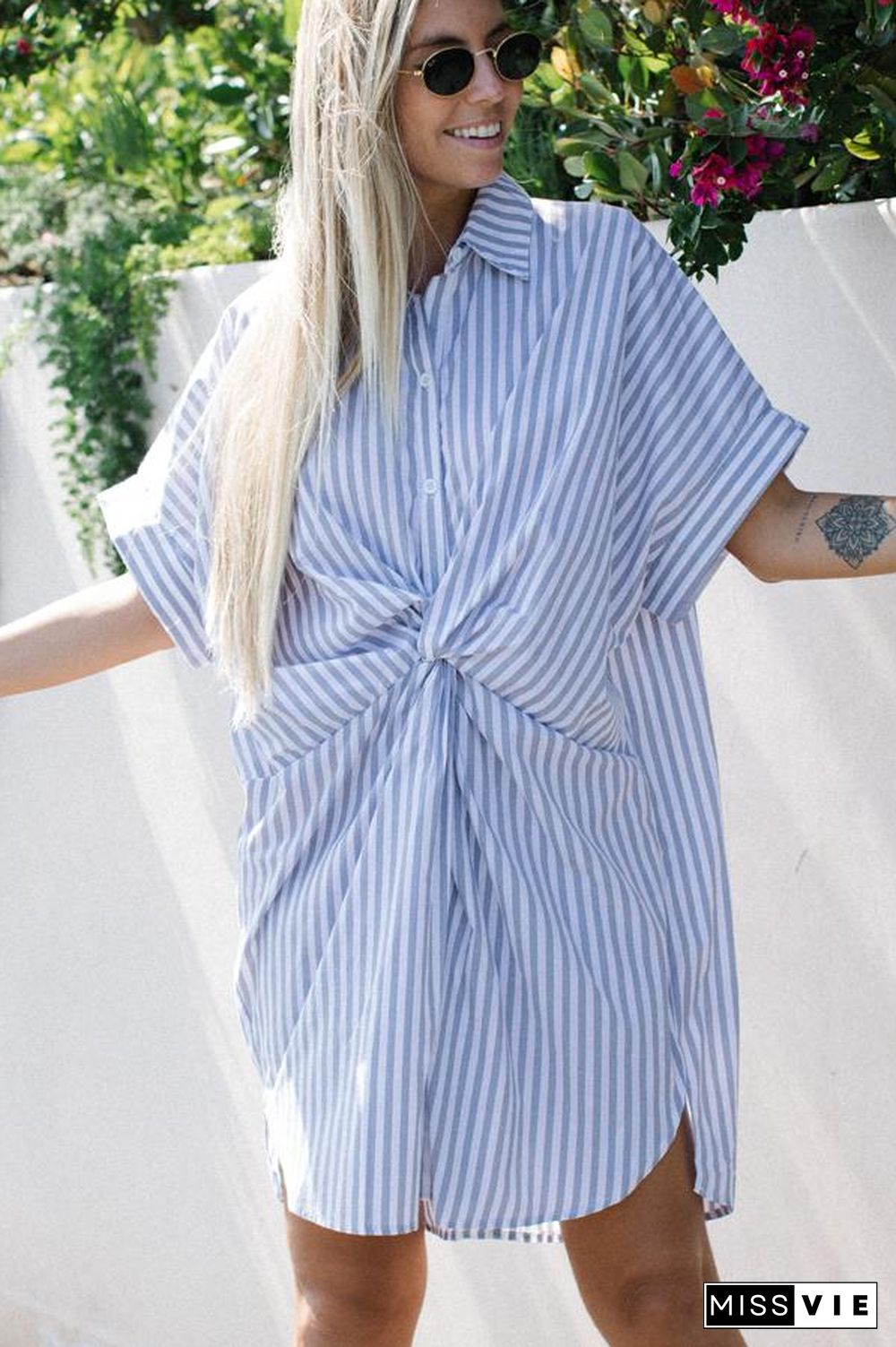 Stripe Print Twist Front Casual Dress