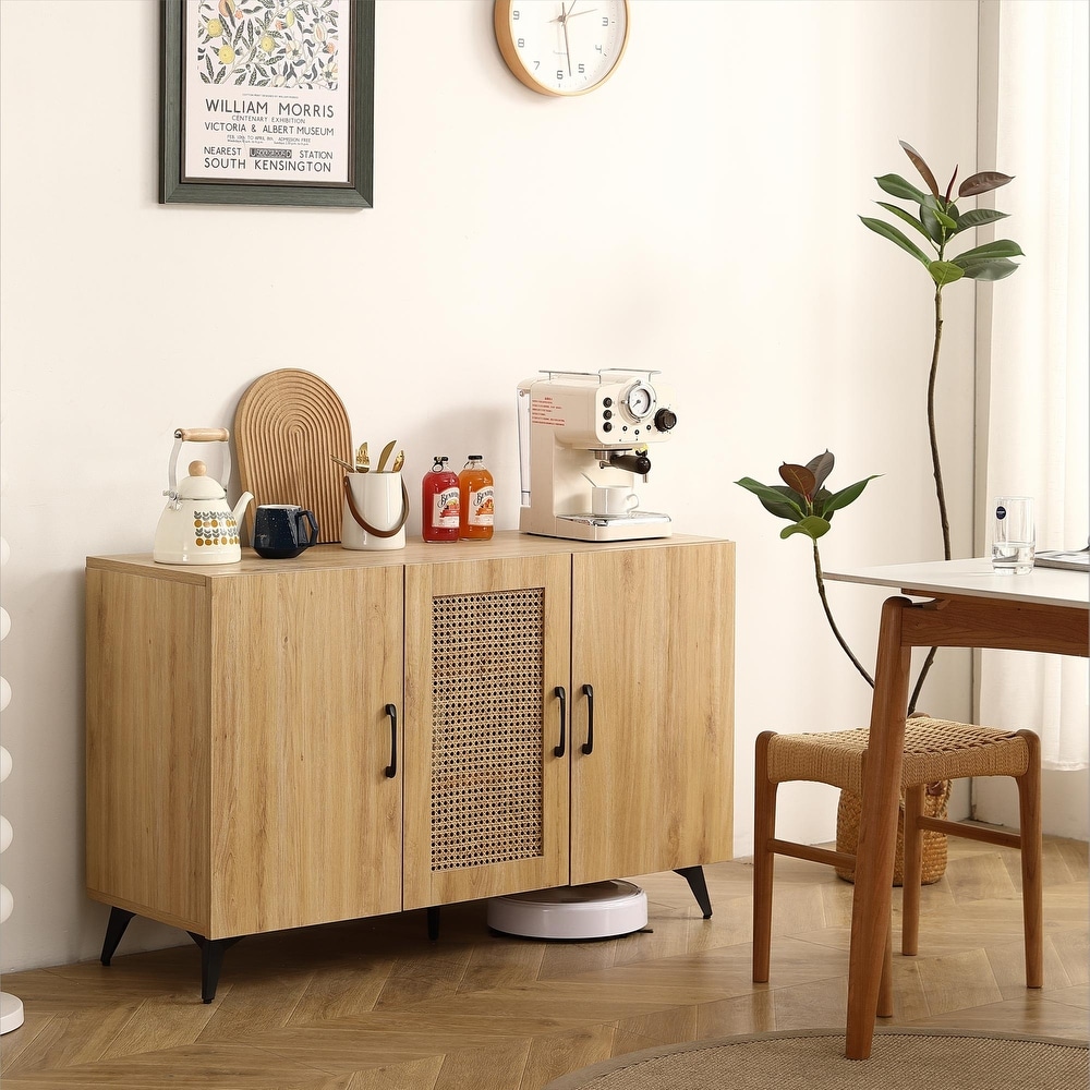 3 Door Cabinet with Rattan Mesh for Living Room  Oak