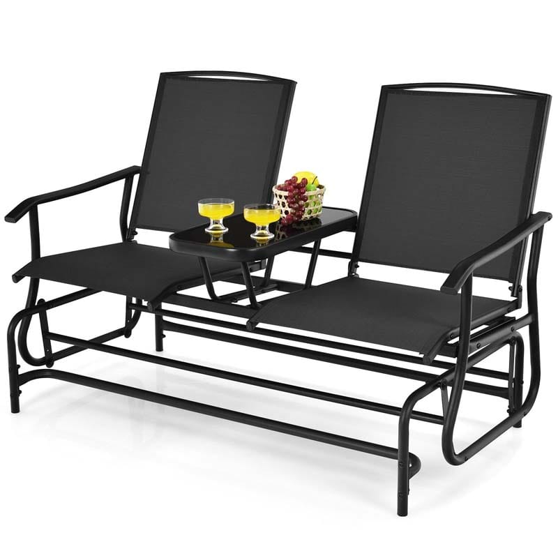 2-Person Outdoor Bench Glider Chair with Center Table, Mesh Fabric Rocking Loveseat for Patio