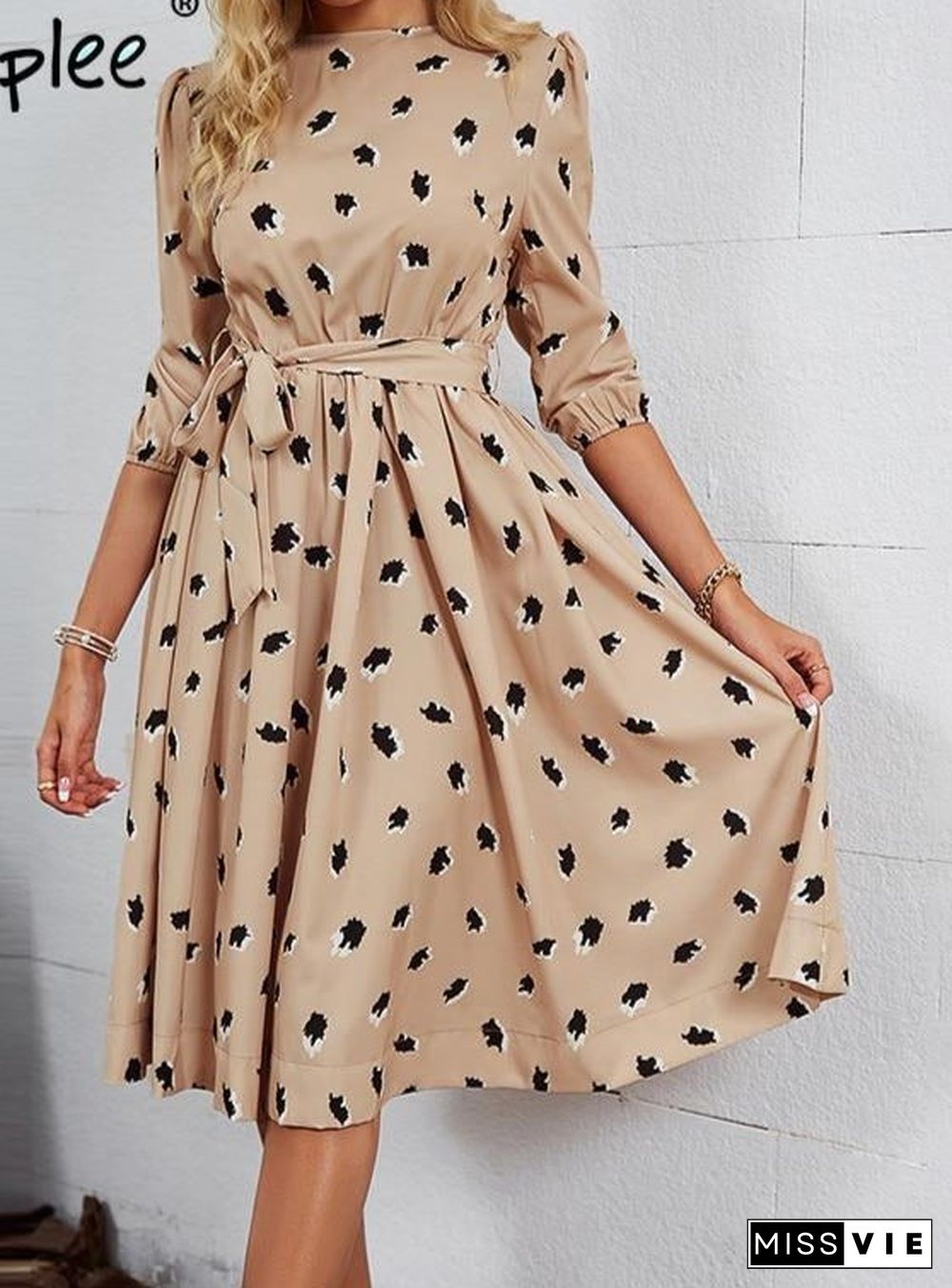 Elegant A-line polka dot women dress autumn Office lady o-neck belt women midi dresses Half sleeve female purple vestido