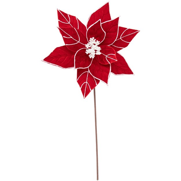 Red And White Velvet Glittered Poinsettia Christmas Stem Spray