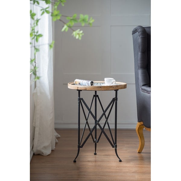 Natural and Black 24-inch Classic Vintage Wood and Metal Round Side Table