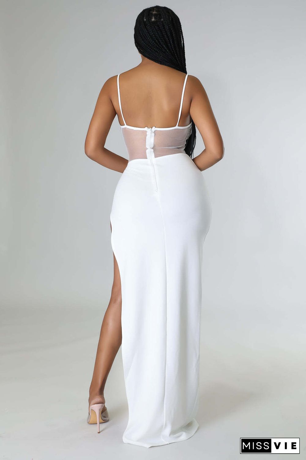 Sexy Mesh Sheer Hot Drill High Split Sling Maxi Dresses