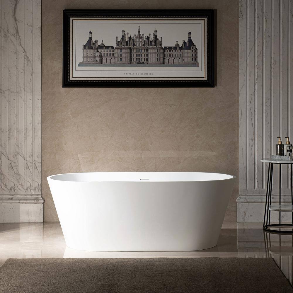 WOODBRIDGE Englewood 59 in. Solid Surface Flatbottom Freestanding Double Ended Soaking Bathtub in Matte White HBT5854