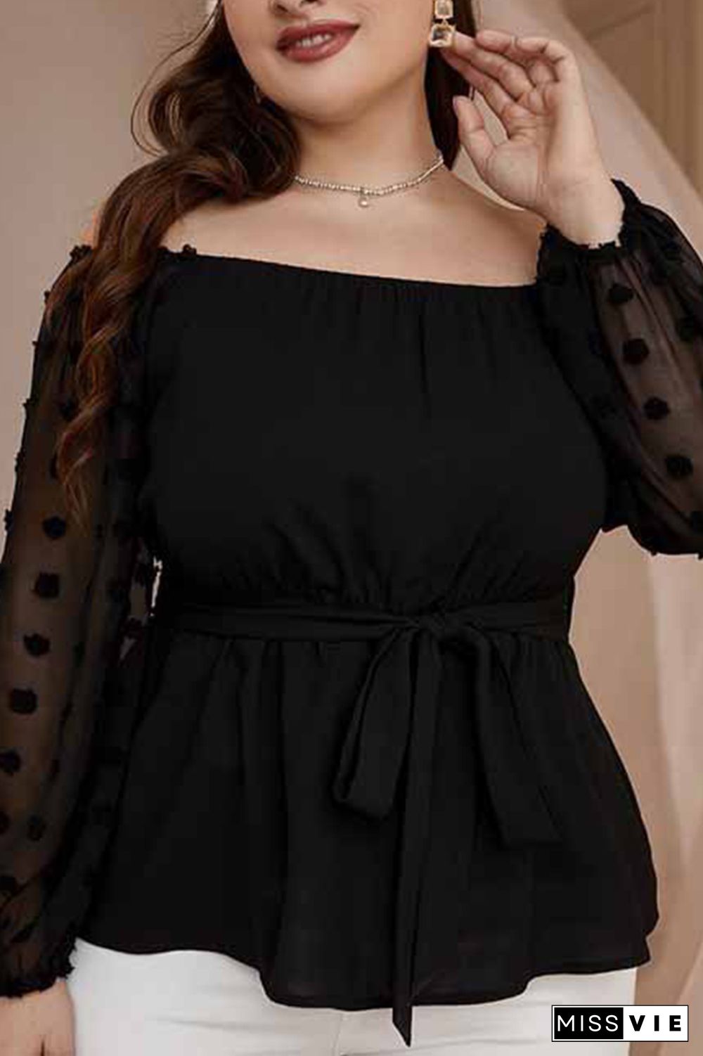 Off Shoulder Waistband Spot Texture Long Sleeves Plus Size Top