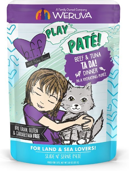 BFF Play Pate Lovers Beef and Tuna Ta Da Wet Cat Food， 3-oz pouch， pack of 12