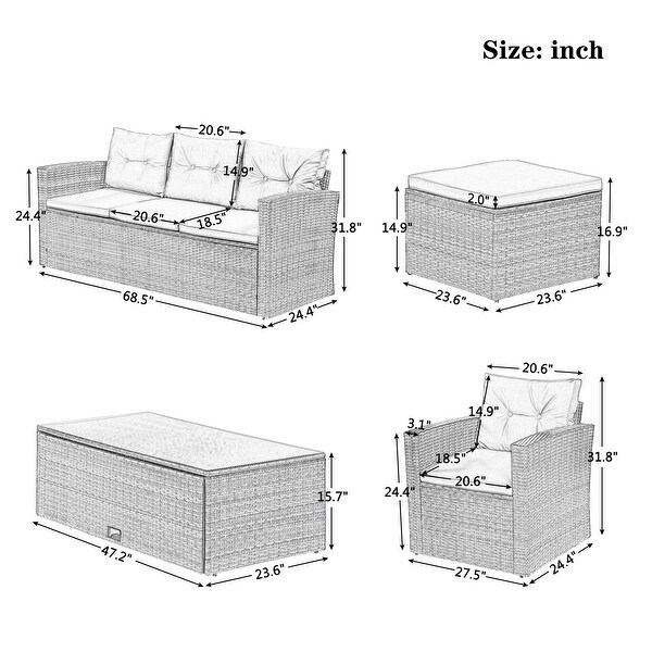 6Piece Patio Outdoor Conversation Set，AllWeather PE Rattan Sectional Sofa with Coffee Table and Ottomans