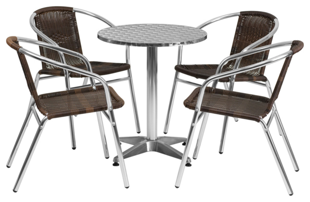 Aluminum Indoor Outdoor Table Set With 4 Dark Brown Rattan Chairs   Tropical   Outdoor Dining Tables   by Virventures  Houzz