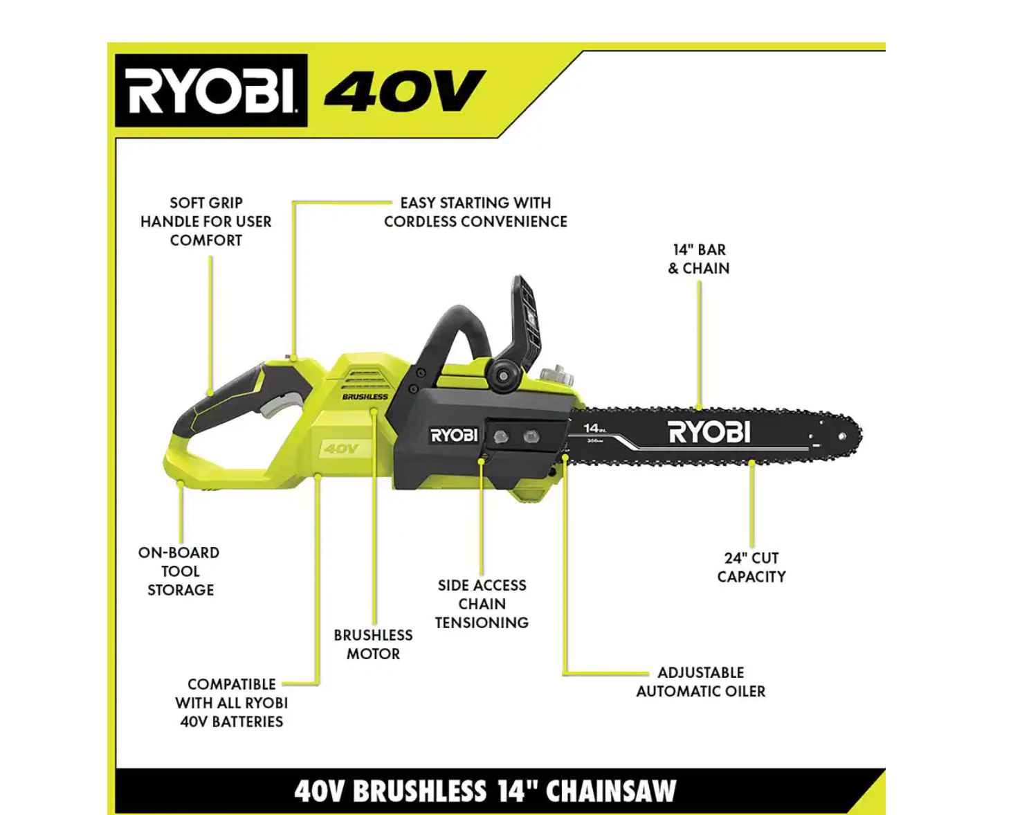 RYOBI RY40503BTL 40V Brushless 14 in. Cordless Battery Chainsaw (Tool Only)