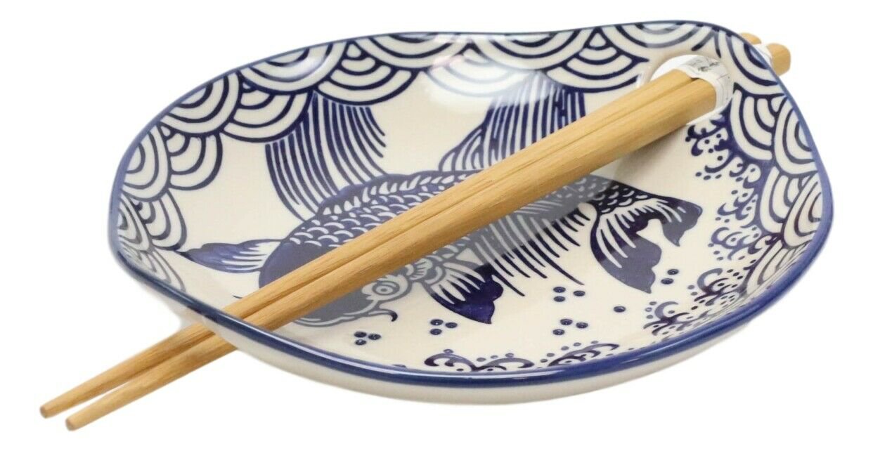 1 Blue White Koi Fish Small Appetizer Coupe Plate Flat Bowl With Chopsticks Set EBR02