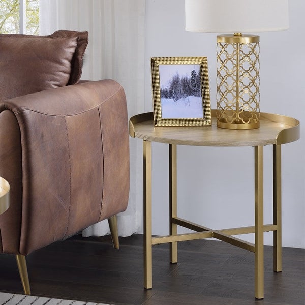 Round Wood End Table Table with Metal Base in Oak and Gold Finish