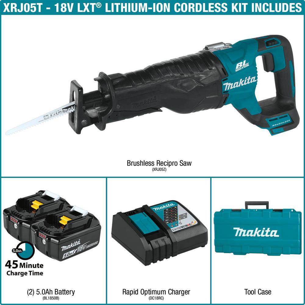 Makita 18V 5.0Ah LXT Lithium-Ion Brushless Cordless Recipro Saw Kit XRJ05T