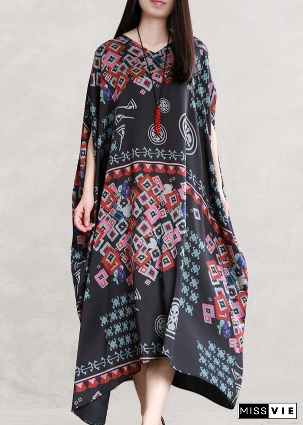 Beautiful black print clothes v neck Batwing Sleeve Traveling summer Dress