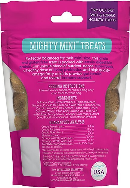 Solid Gold Mighty Mini Salmon and Sweet Potatoes Dog Treats， 4-oz bag