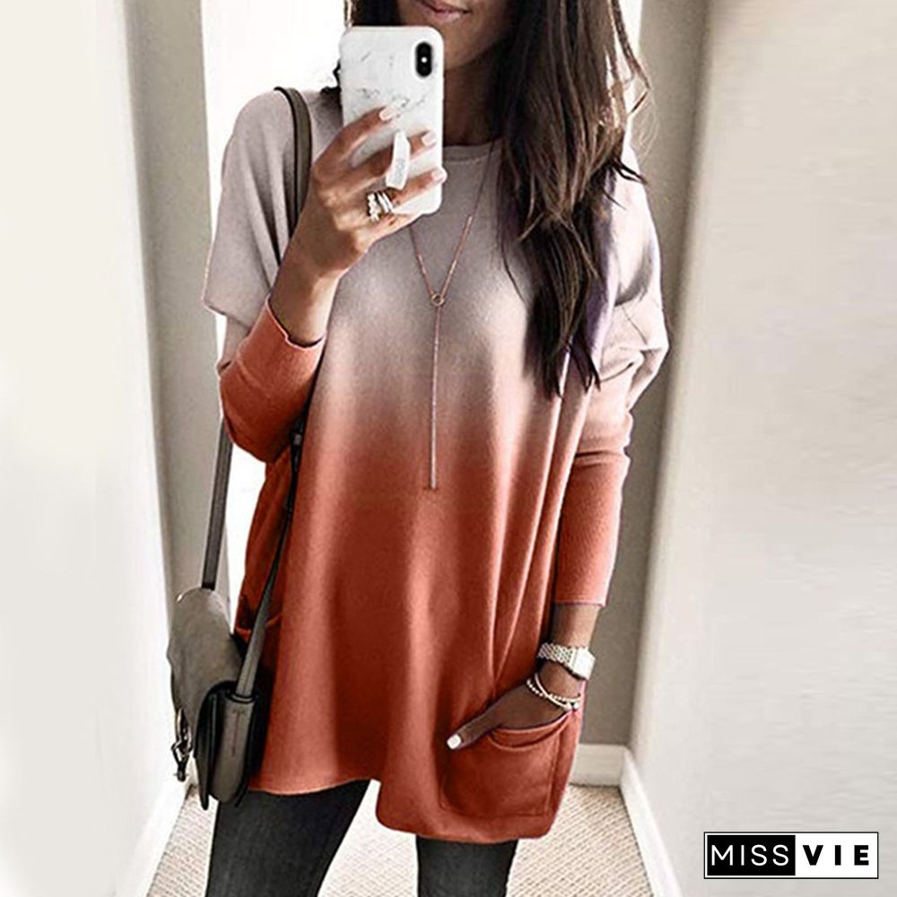 Women's Casual Long Sleeves Round Neck Pocketed T-shirts Loose Gradient Sweatshirt TunicTops Plus Size XS-5XL