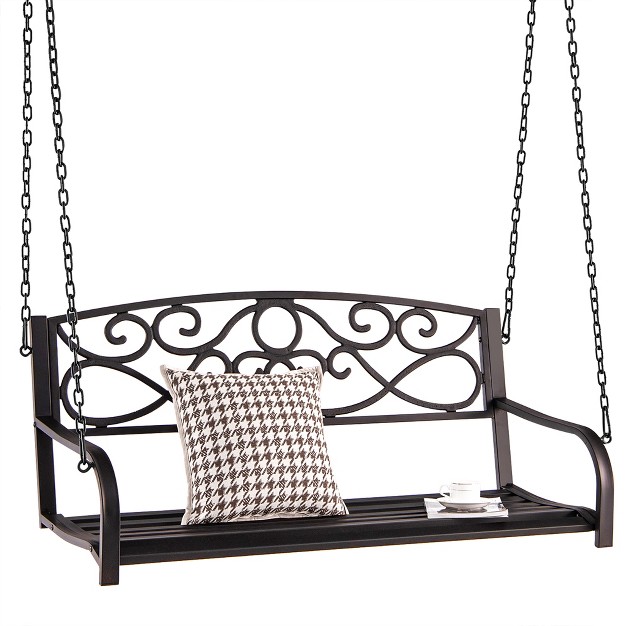 Costway Outdoor 2 person Metal Porch Swing Hanging Patio Bench 485 Lbs Capacity Black brown