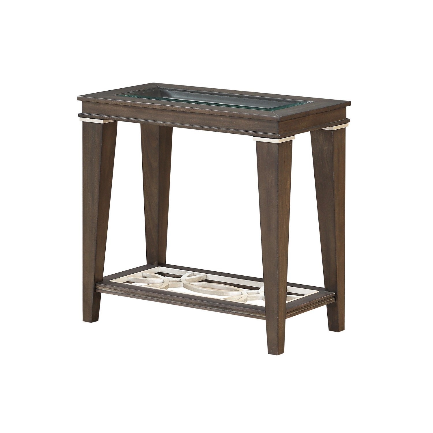 Wood and Glass Side Table with Cut Out Design， Brown