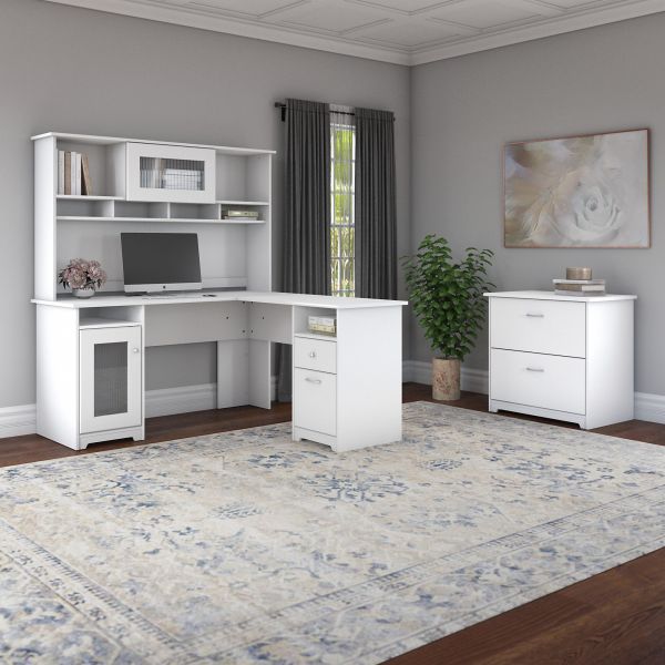 Bush Furniture Cabot 60W L Shaped Computer Desk with Hutch and Lateral File Cabinet in White