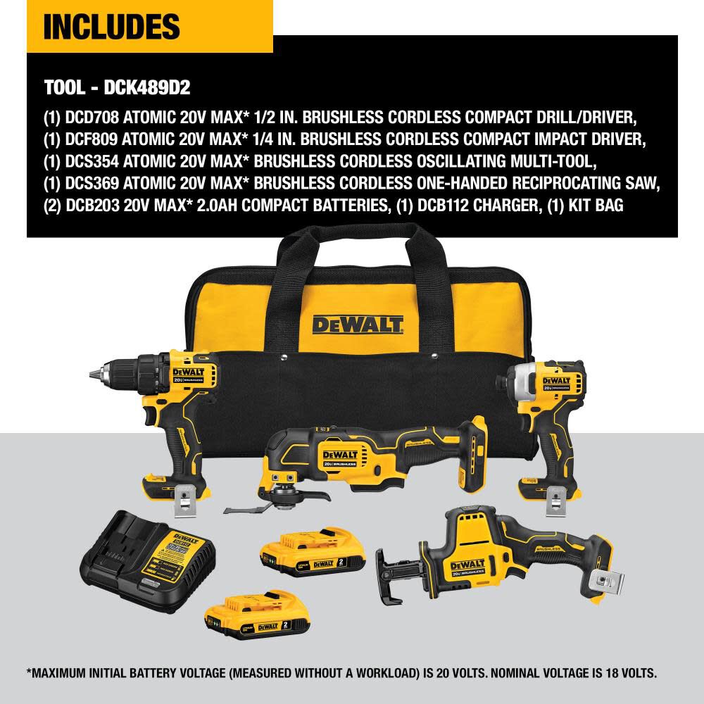 DEWALT ATOMIC 20V MAX 4 Tool Combo Kit Brushless Cordless DCK489D2 from DEWALT