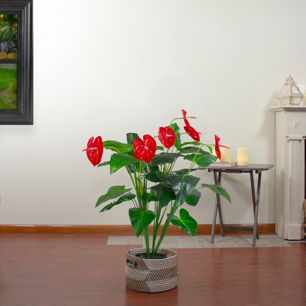 Red And Black Potted Tropical Artificial Anthurium Plant In A Black Pot