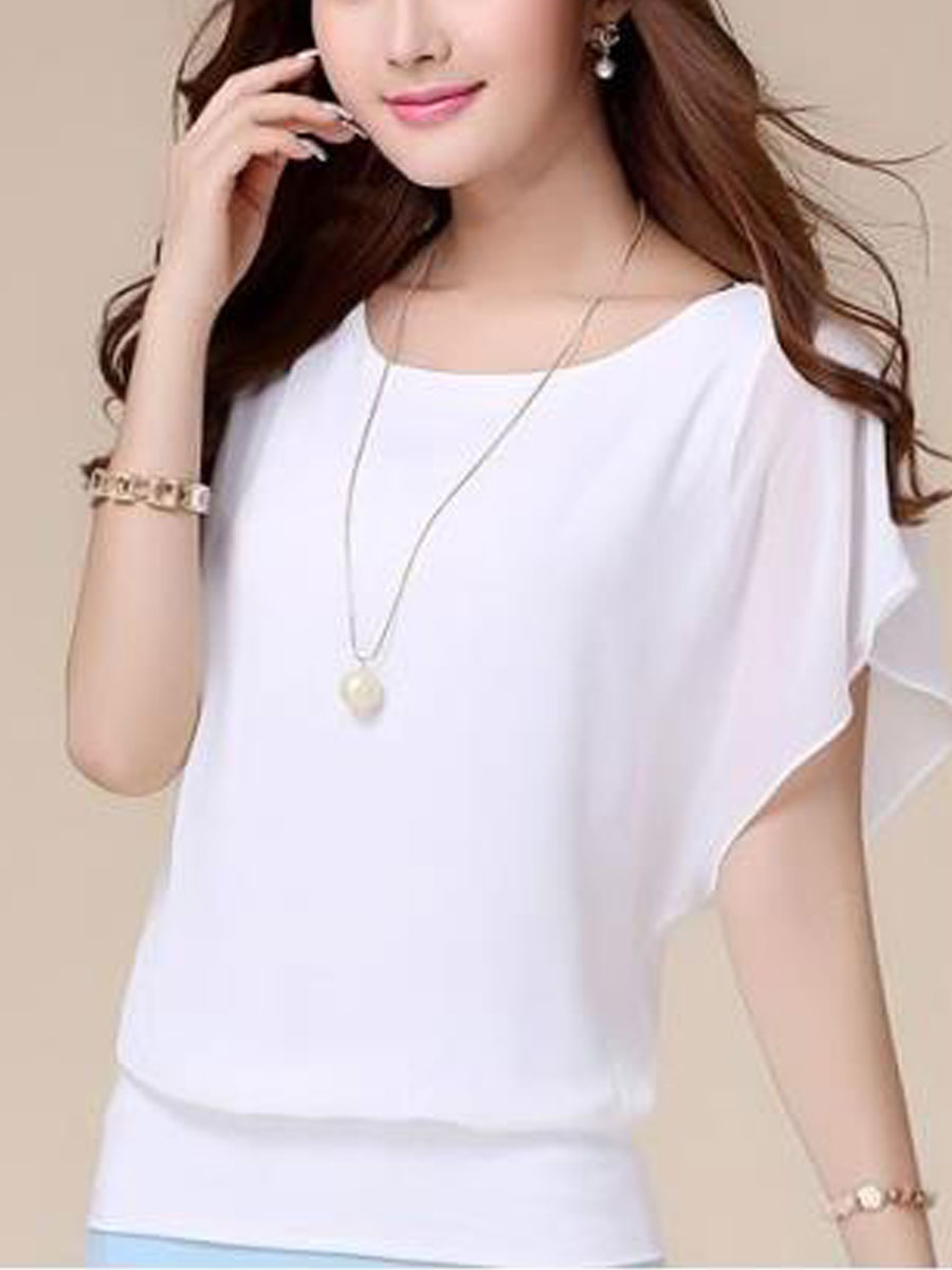 Spring Summer  Blend  Women  Crew Neck  Plain  Short Sleeve Blouses