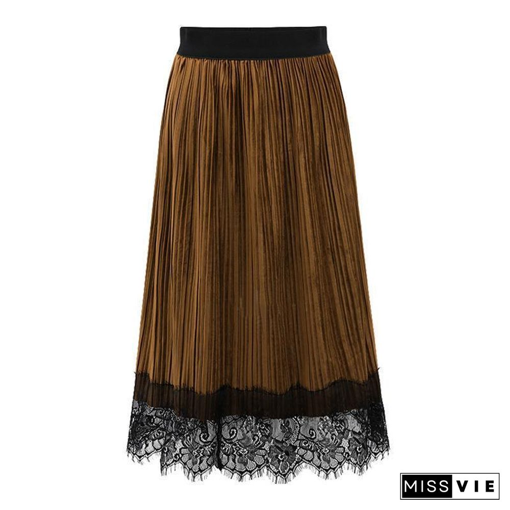 Fashion Pleated Lace Joint Velvet Skirt