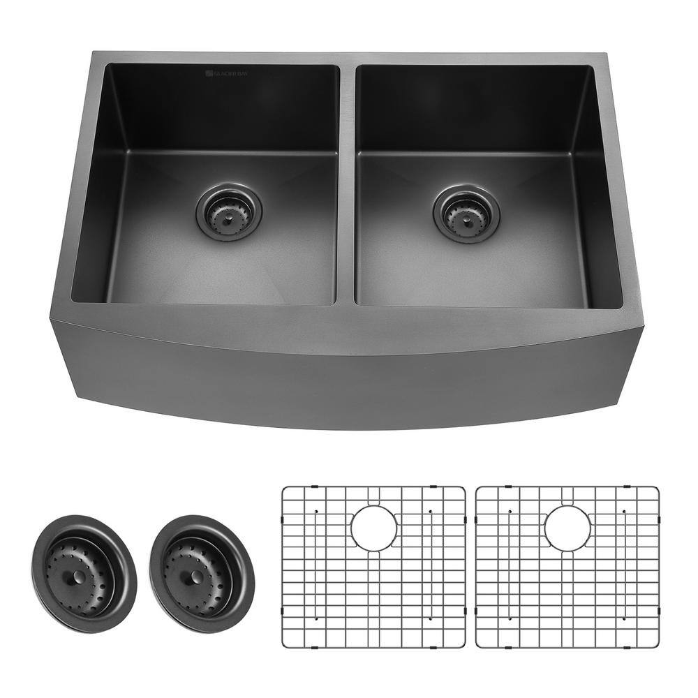 Glacier Bay Gunmetal Black Stainless Steel 36 in. 18-Gauge Double Bowl Farmhouse Apron Kitchen Sink ACS3621A2Q