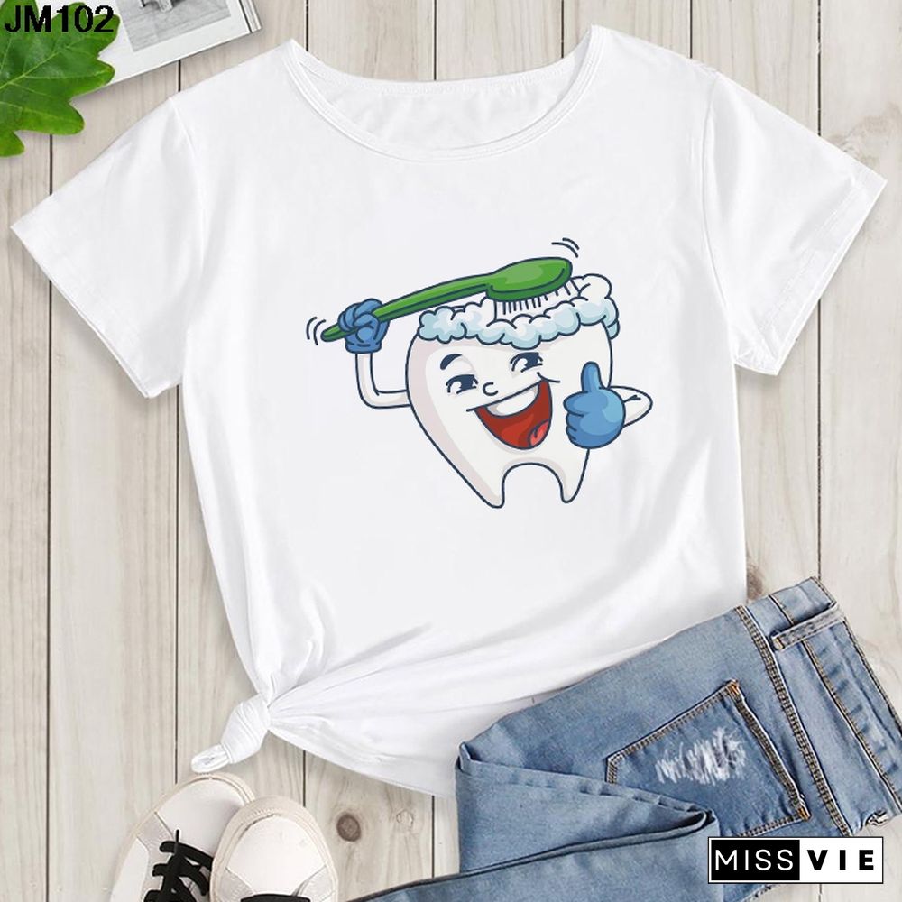 Aesthetic Funny Tooth Dentist Print Female Clothing T-shirt 90s Harajuku Kawaii O-neck Tshirt Summer Fashion Women's Top T Shirt