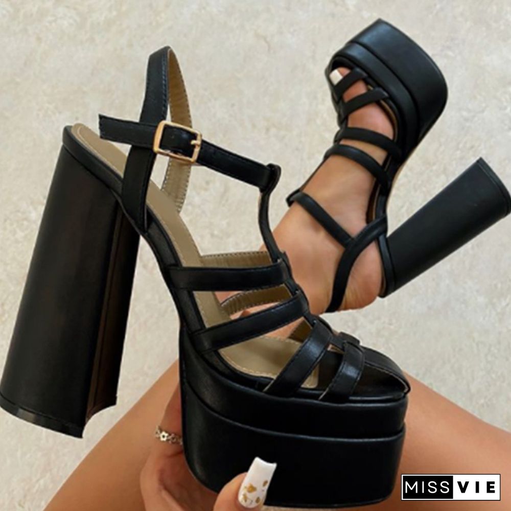 Women Platform Thick Sandals Solid High Heels Buckle Ankle Strap Ladies Heeled Shoes Fashion Summer Female Pumps New Sandal