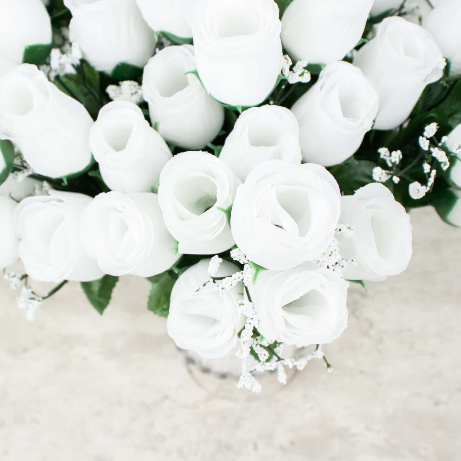 12 Bushes White Artificial Premium Silk Flower Rose Bud Bouquets