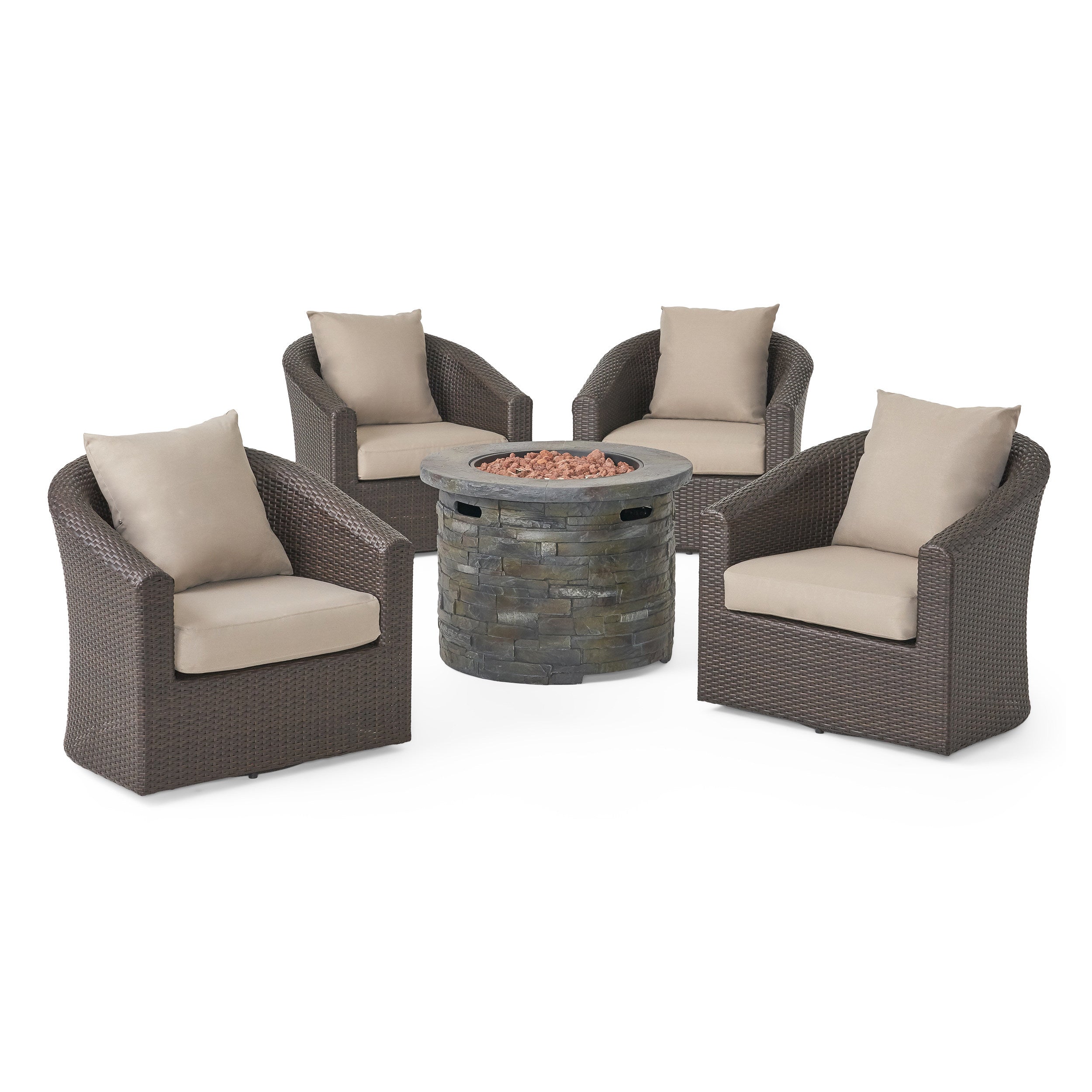 Gletchburg Outdoor 5 Piece Fire Pit Wicker Swivel Club Chair Chat Set