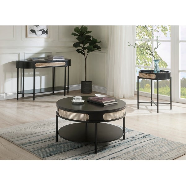 1 Open Shelf Round Coffee Table with Metal Legs in Black Finish