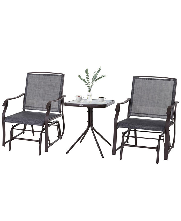 Outsunny 3 Pcs Outdoor Gliders Set Bistro Set with Glass Top Table for Patio Garden Backyard Lawn Grey