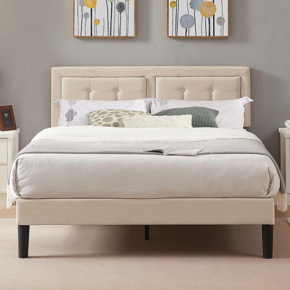 VECELO Tufted Upholstered Bed with Adjustable Headboard  Dark Grey Beige Blue Bed