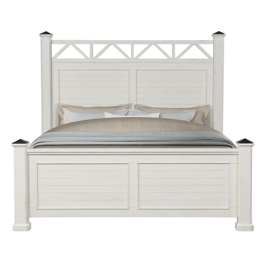 Roundhill Furniture Laria Antique White Finish Wood Panel Bed with Dresser  Mirror  and Two Nightstands