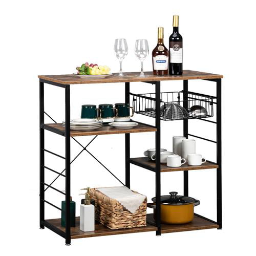 Zimtown 4-Tier Baker's Rack Kitchen Microwave Oven Stand Shelf Cart， Kitchen Utility Storage Shelf with Basket and 10 Hooks， Rustic Brown